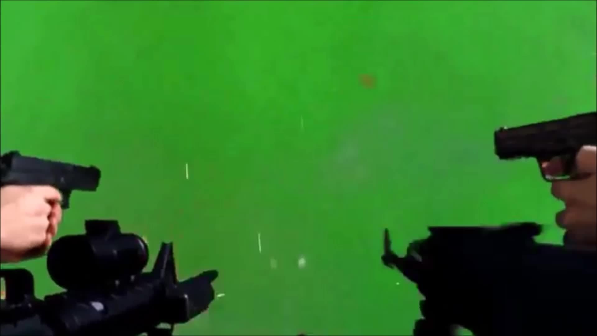 Two Guns Rapid Fire Shooting Green Screen Meme Template - funny Action meme