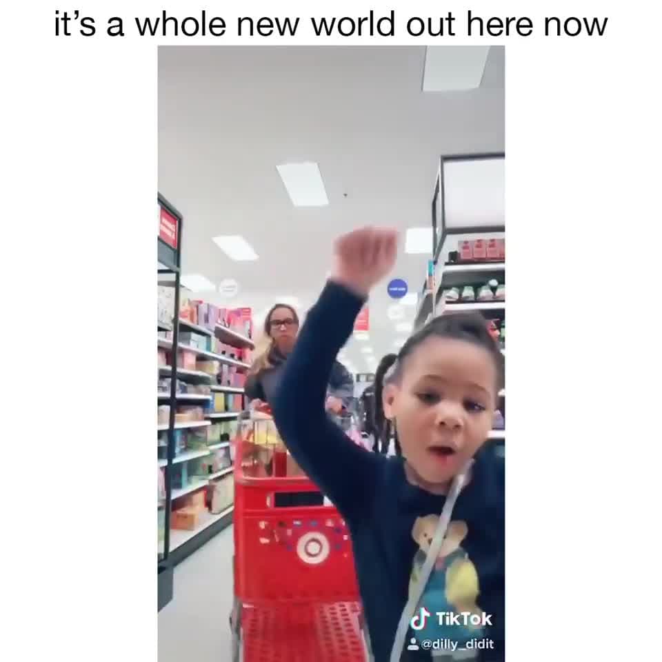 Energetic Kid Dancing in Target Store Meme Template - It's a Whole New World Out Here Now - funny Viral Memes meme