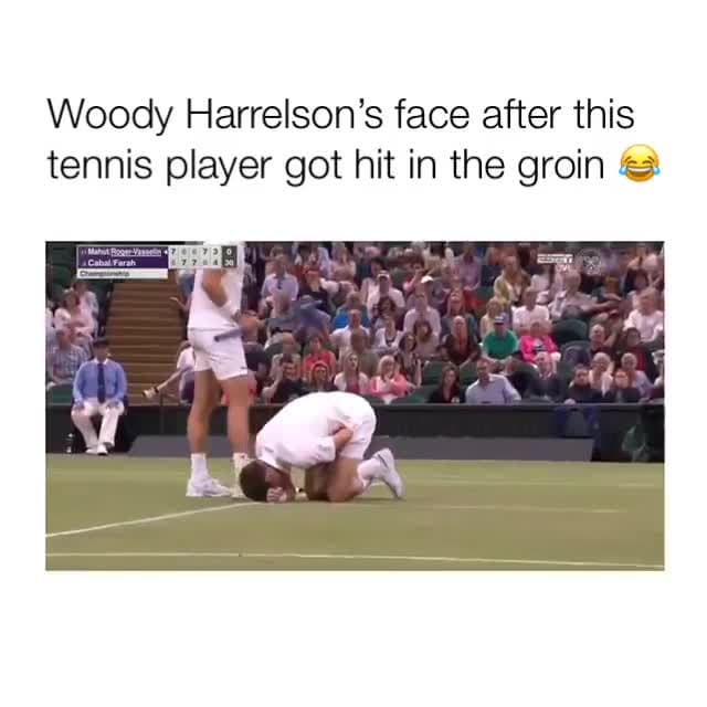 Woody Harrelson's Priceless Tennis Groin Hit Reaction Meme Template - funny Celebrity Reactions meme